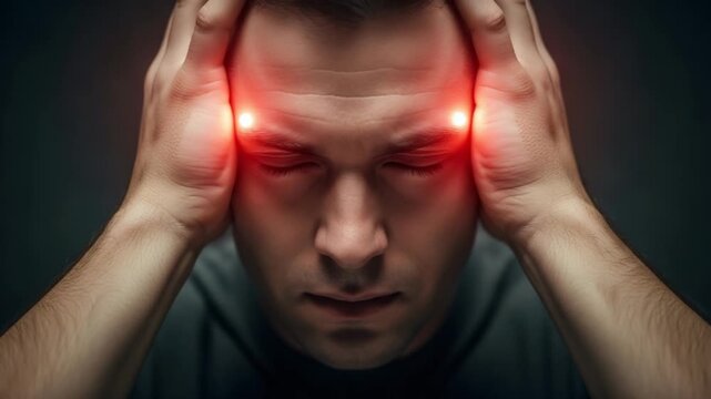 Headache Agony A man grips his temples eyes closed in pain with glowing red areas highlighting his throbbing temples symbolizing intense migraine or stress