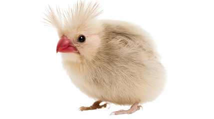 Fluffy pale yellow chick with spiky crest and red beak, isolated on transparent background © studiox