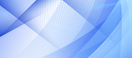 Obraz premium Blue abstract wave background with geometric shapes and halftone dot pattern overlay.