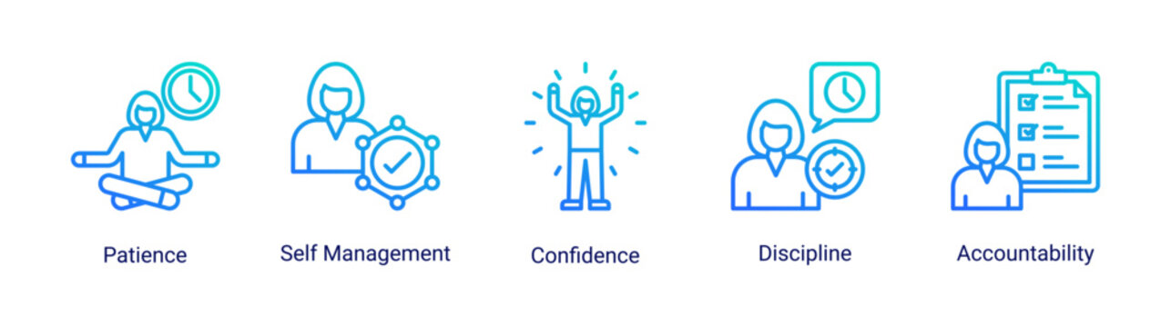 Self Discipline icon set featuring patience,accountability and self management concepts for building consistency and responsibility.