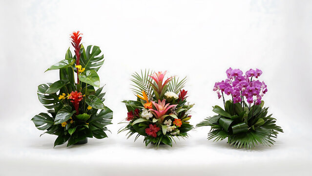 Three distinct tropical flower arrangements with vibrant bromeliads and purple orchids, isolated on a clean white studio background, for display