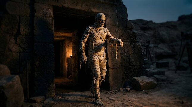 Ancient mummy emerging from tomb at dusk in desert setting