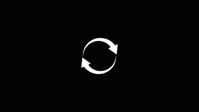 Two White Arrows Forming a Circular Refresh Symbol on Black Background Keywords: refresh, reload, recycle, repeat, circular, arrows, symbol, icon, loop, cycle, update, reset, interface, UI, web