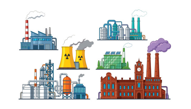 PrintIndustrial factory building set with power plants, nuclear stations, manufacturing warehouses, refineries and eco green energy facility vectors
