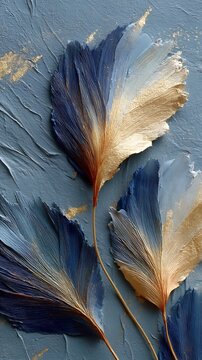 Artistic arrangement of delicate feather-like leaves with gold and blue paint on textured background for creative decor