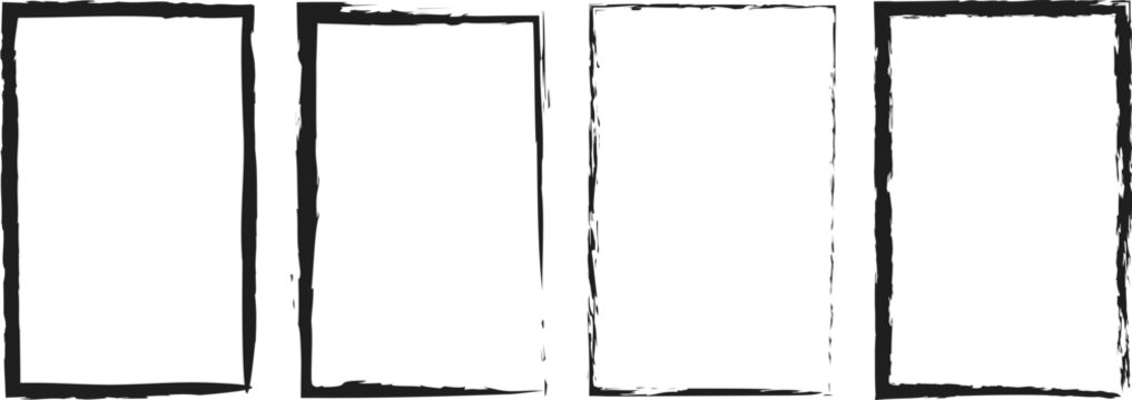 Set of isolated hand drawn rectangular ink frames on transparent background.