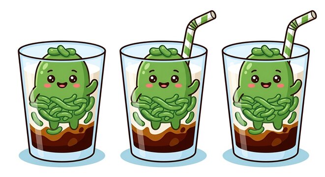 Cheerful kawaii vector illustration of traditional Indonesian cendol served in a glass.