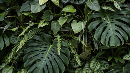Obraz premium Vertical garden wall featuring a variety of tropical plants including monstera and ferns creating a lush green texture for interior decor