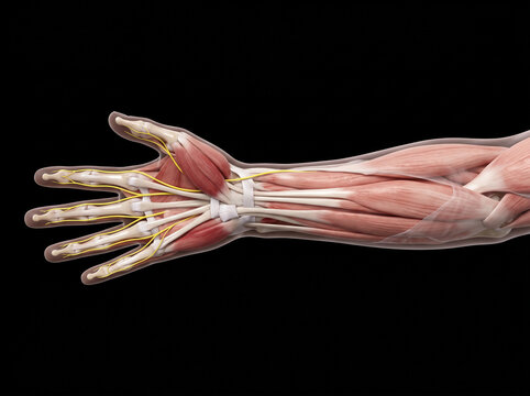 Detailed 3D Medical Illustration of Human Forearm and Hand Anatomy Showing Muscles, Tendons, Median Nerve, Carpal Tunnel, and Wrist Structures for Medical Education