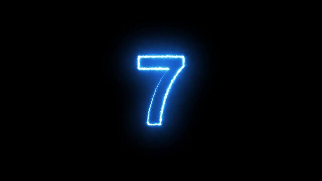 Neon 7 Number text animation.7 number mathematics text on black background. Bright glowing number 7 countdown icon. Digital neon glowing text number 7 a on black background animation.