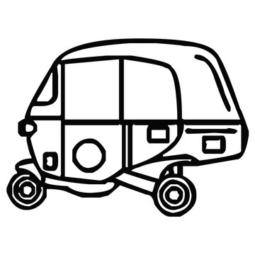 Simple hand drawn black and white illustration of a small motorized three wheeled rickshaw vehicle