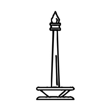 Simple black and white line art drawing of the iconic Monas monument in Jakarta Indonesia