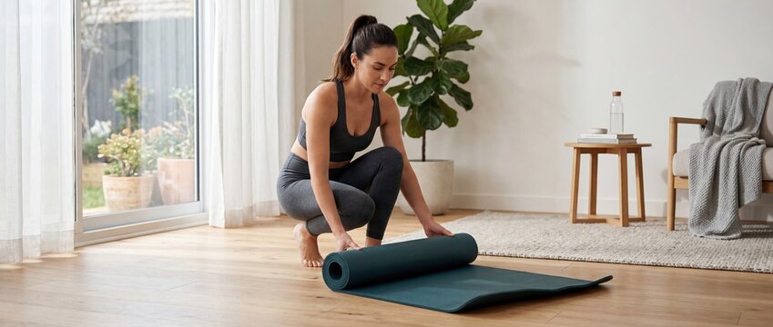 Woman Rolling Out Yoga Mat Before Home Workout Session