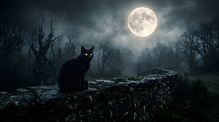 Black cat on stone wall under full moon in eerie forest