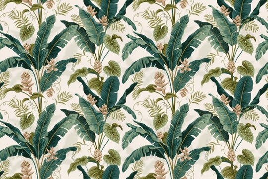 Seamless pattern featuring lush tropical banana leaves, exotic ginger flowers, and delicate fern fronds in a botanical style