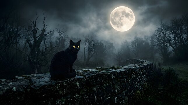 Black cat on stone wall under full moon in eerie forest