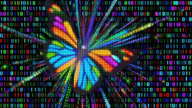 Vibrant butterfly emerging from digital binary code symbolizing technology transformation and innovation
