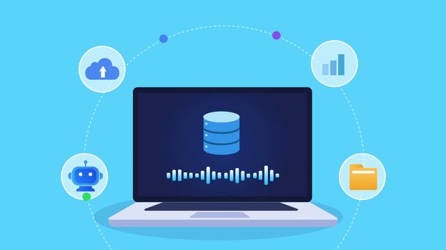 Animated flat vector motion graphic featuring an AI database management interface on a laptop with cloud, analytics, folder, and chatbot icons. Ideal for data storage, cloud computing, and artificial 
