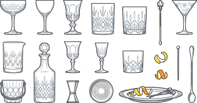 Crystal Cut Glassware and Vintage Barware Vector Set Featuring Crystal Decanter Etched Goblets and Mixology Tools for High End Hospitality Design