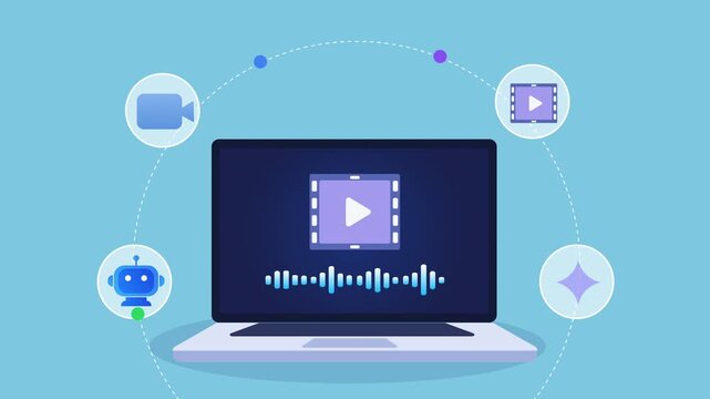 Animated flat vector motion graphic featuring an AI video editing interface on a laptop with media, camera, chatbot, and creative tool icons. Ideal for video production, editing, and artificial intell