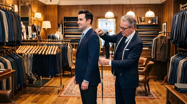 Professional tailor measuring a young man for a custom navy blue suit jacket inside a luxurious high end boutique shop with warm lighting and wooden shelves