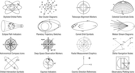    Comprehensive astronomy vector icon set featuring orbital paths, celestial coordinate grids, eclipse diagrams, telescope markers, and stellar navigation graphics © Joyanti