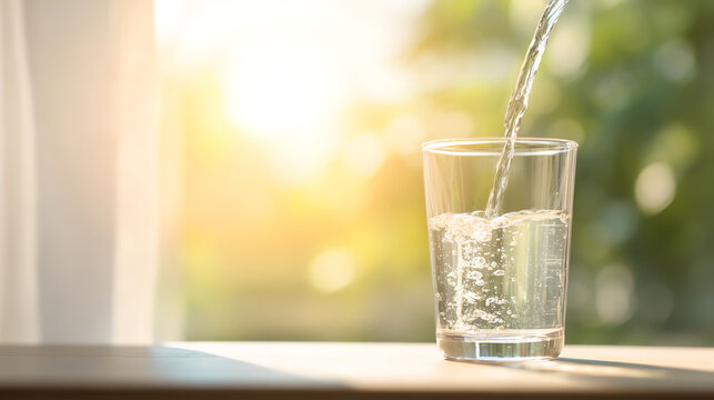 Fresh water being poured into a clear glass, illuminated by soft sunlight, symbolizing hydration and refreshment.