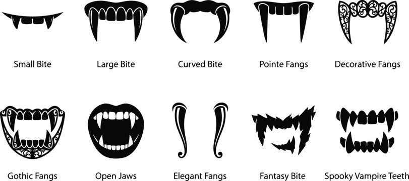 Collection of black vampire fangs and sharp teeth icons on a white background