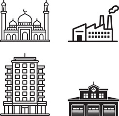 Fototapeta premium Set of building icons including mosque factory skyscraper and fire station in flat vector style
