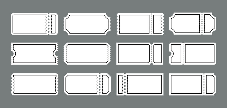 Blank ticket shapes templates. Isolated retro admission stubs on transparent background for event, cinema and voucher design.