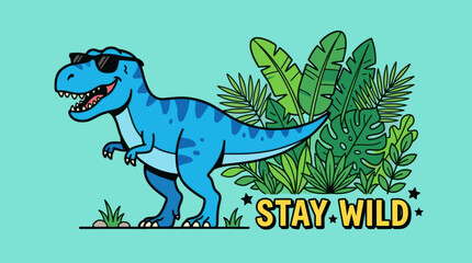 Blue T-Rex wearing sunglasses with tropical palm leaves. © Bakori