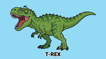 Cartoon T-Rex dinosaur walking on blue background. © Bakori