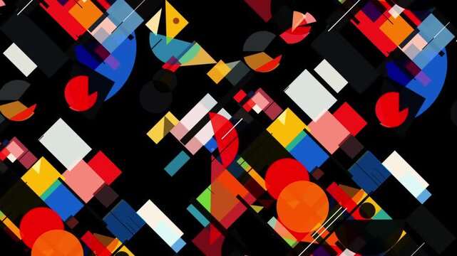 斜めにスライドする幾何学的抽象パターン背景。黒背景に映えるカラフルな半円と三角形、モダンな構成主義風デジタルアニメーション。