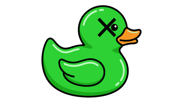 Green rubber duck mascot with cross eyes.