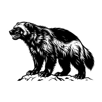 Black wolverine animal illustration walking in wild nature. Ferocious mustelid wildlife drawing with detailed fur texture and aggressive stance.