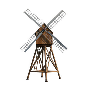 Old wooden windmill with spinning blades standing on a metal frame isolated on transparent background , PNG