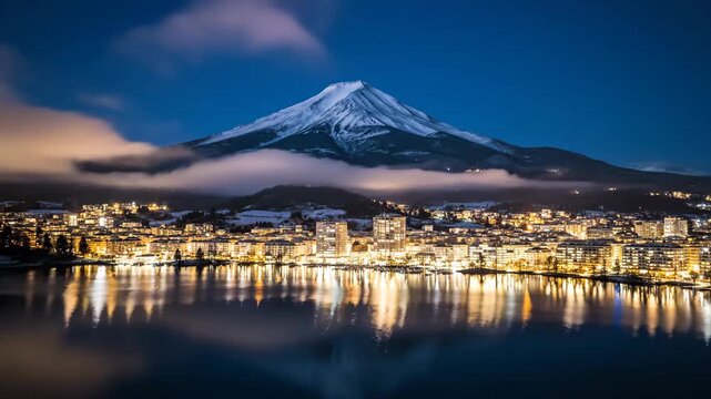 Snowy mountain peak above illuminated city at night