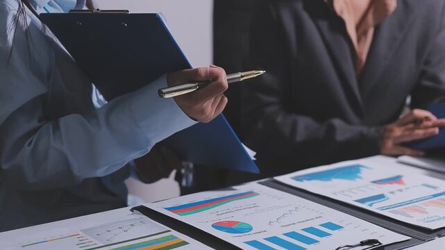 Accountant woman working on financial investment on calculator, calculation, business growth analysis and marketing on graph at office.
