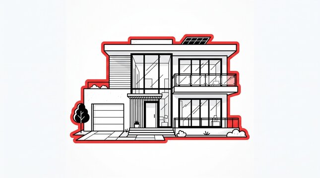 Modern two-story villa architectural elevation design. Contemporary residential house blueprint with floor plan and facade details.