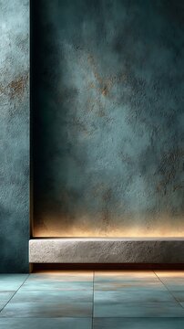 Modern interior wall with textured blue-green finish and a glowing light accent on tiled floor