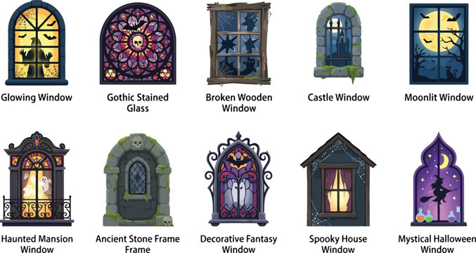 Collection of spooky gothic windows featuring mystical silhouettes and dark themes