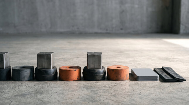 Industrial rubber and metal vibration isolation mounts on concrete