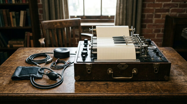 Vintage telegraph machine on a wooden table in an office