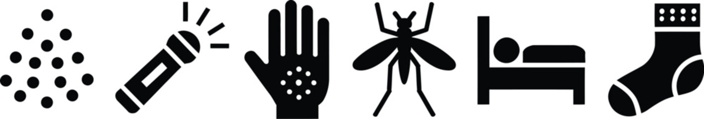 Skin condition icon set, black medical symbols representing insect bites, allergic reactions, rashes, irritated skin and dermatology healthcare concepts. © FASTSEO