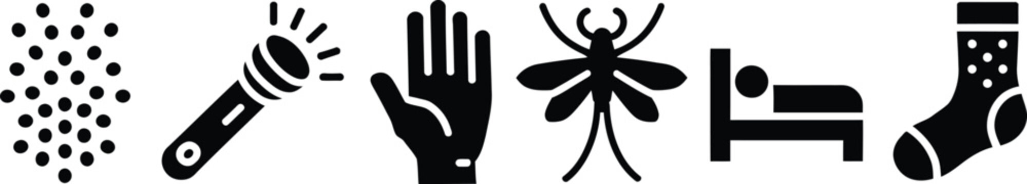 Skin condition medical icons, black silhouettes showing rashes, mosquito bites, welts, allergies on hands and legs for healthcare and dermatology education.