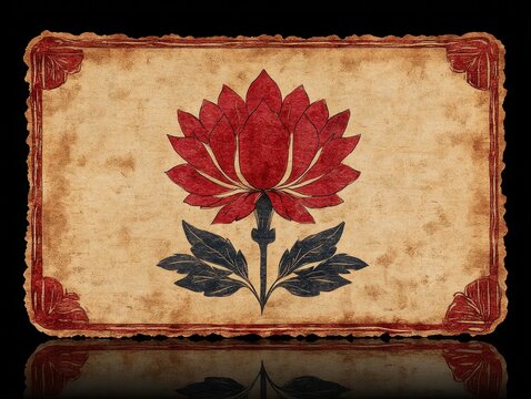Red flower image on a old paper, dark border reflection, artistic presentation. Perfect for backgrounds, textures, graphic designs, or digital collages.
