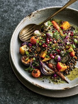 Gourmet lentil salad with roasted vegetables in bowl