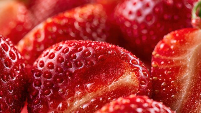 Macro close-up of fresh strawberries with water droplets