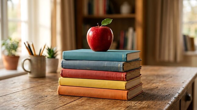 Stack of colorful books, red apple on top, educational still life, classroom desk setup