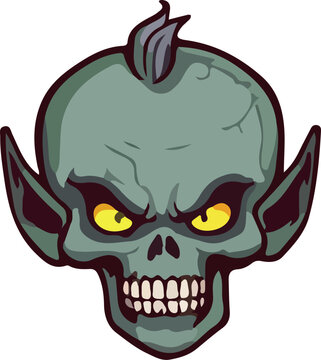Zombie skull vector illustration, creepy undead monster head with yellow eyes, spooky halloween creature mascot, green goblin skull graphic